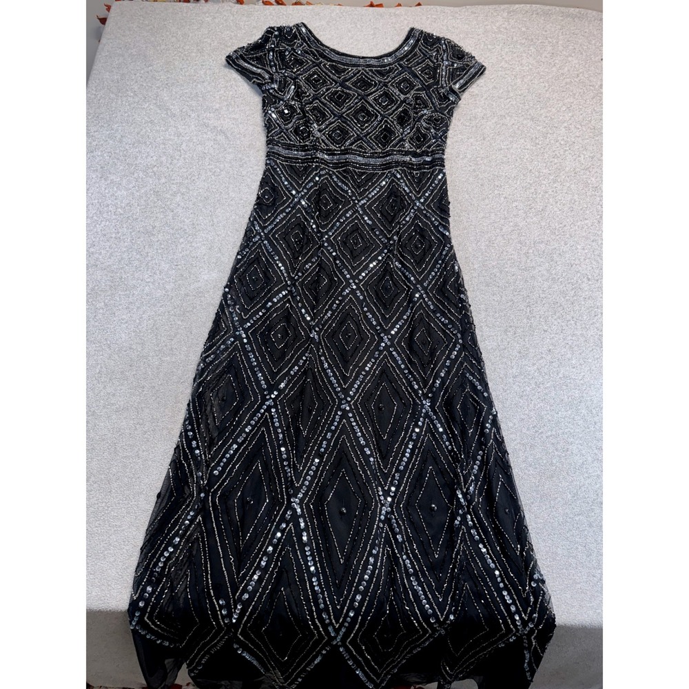 Adrianna Papell Black Beaded Sequin Evening Gown Formal Dress Cap Sleeve Women 6